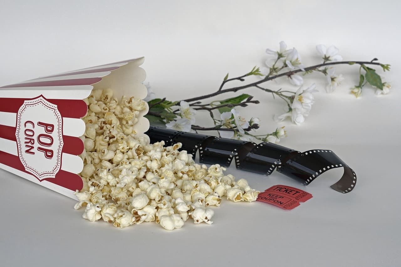 Unas palomitas volcadas, una cinta cinematográfica y una rama de flores