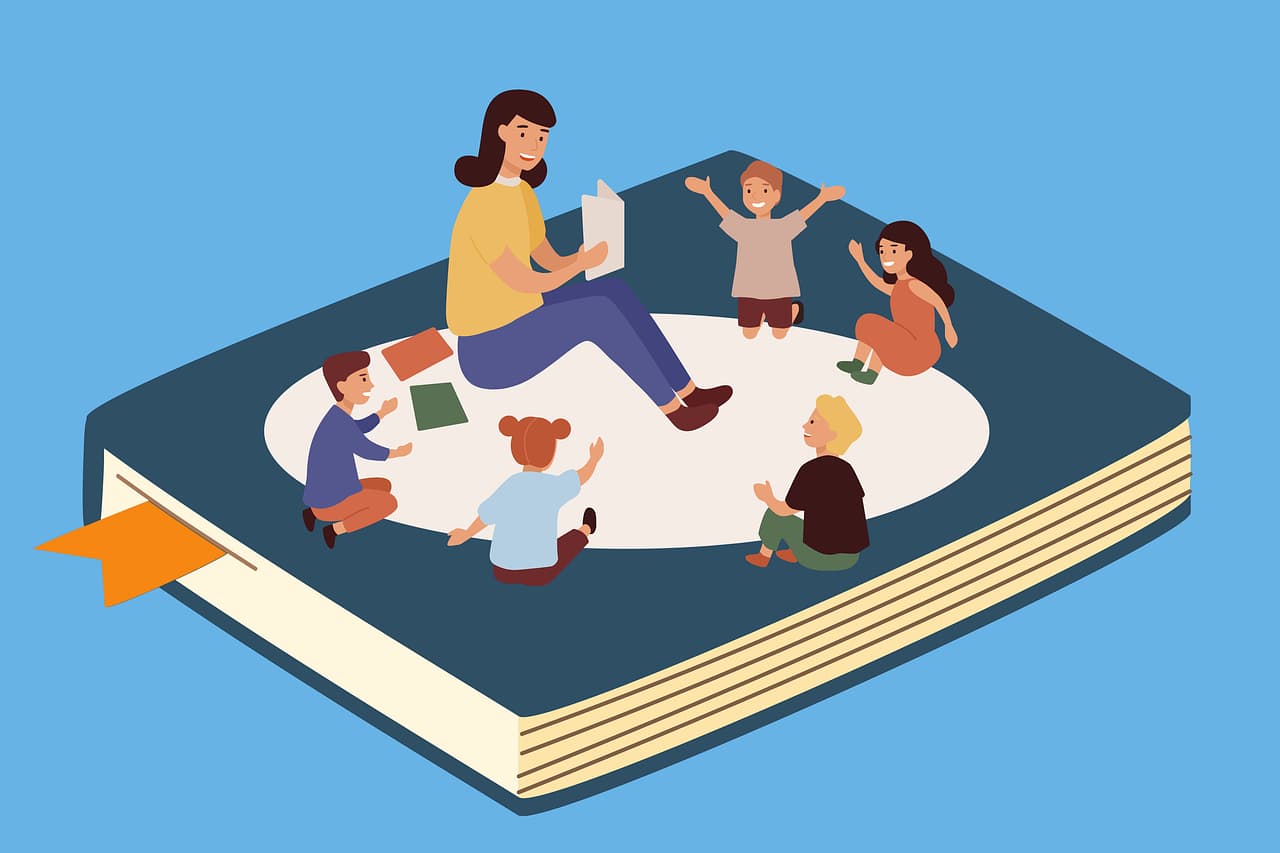 Un dibujo de un libro con una figura leyendo a varios niños y niñas