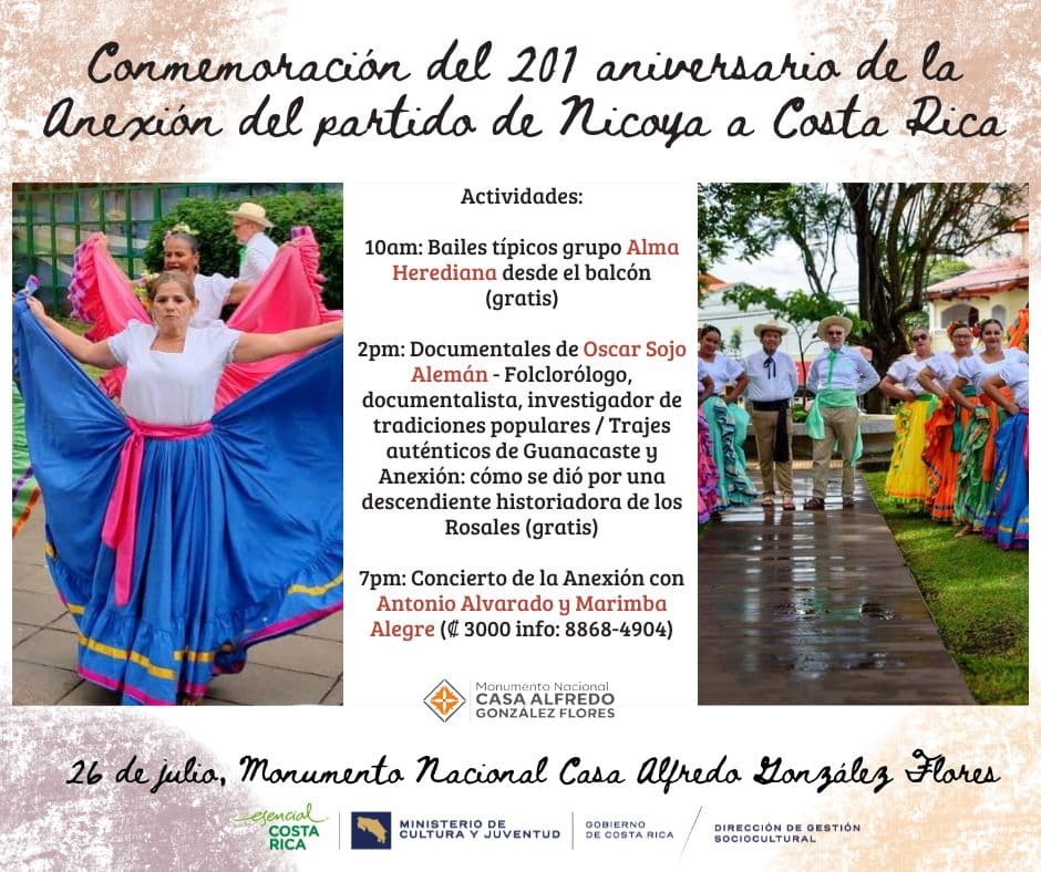 Afiche con información del cronograma de actividades. Se visualiza una mujer con vestido típico de folclor costarricense y una foto de un grupo de baile folclórico