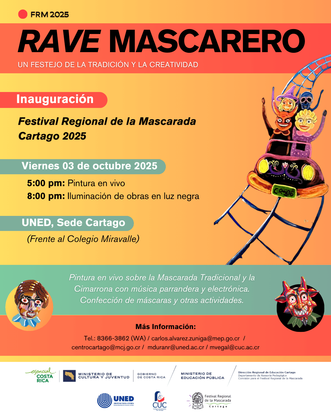 Afiche con dibujo de mascaradas en montaña rusa e información del evento