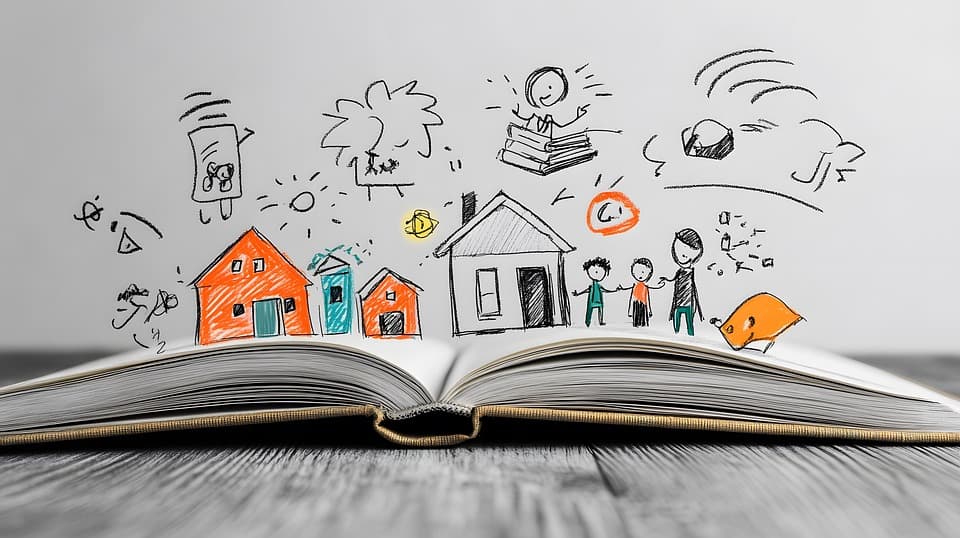 U libro abierto con varias figuras hechas a mano saliendo de sus páginas