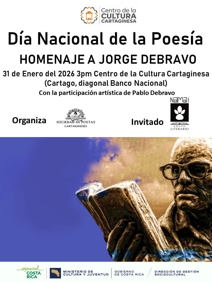 Texto informativo y estatua de cobre de Jorge Debravo leyendo un libro