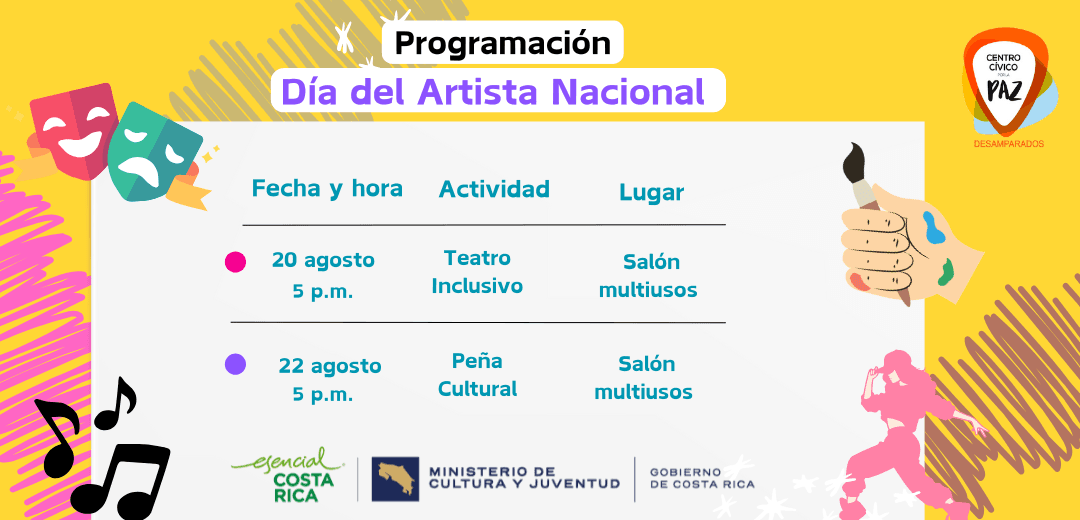 ¡Ven y celebran con el Centro Cívico por la Paz Desamparados el Día del Artista Nacional! Tendremos las siguientes actividades: 🎭 Teatro Inclusivo ¡Una experiencia sensorial única! 👀👂🚫 Recorre un pasillo donde podrás sentir en carne propia cómo es vivir sin uno de los sentidos. Luego, disfruta con una charla e intercambio enriquecedor 💬🤝. 🗓️ 20 de agosto – 🕔 5 p.m. 🎭 Teatro Inclusivo – ¡Una experiencia para todos los sentidos! ________________________________________ 🎨 Peña Cultural ¡Un espacio li