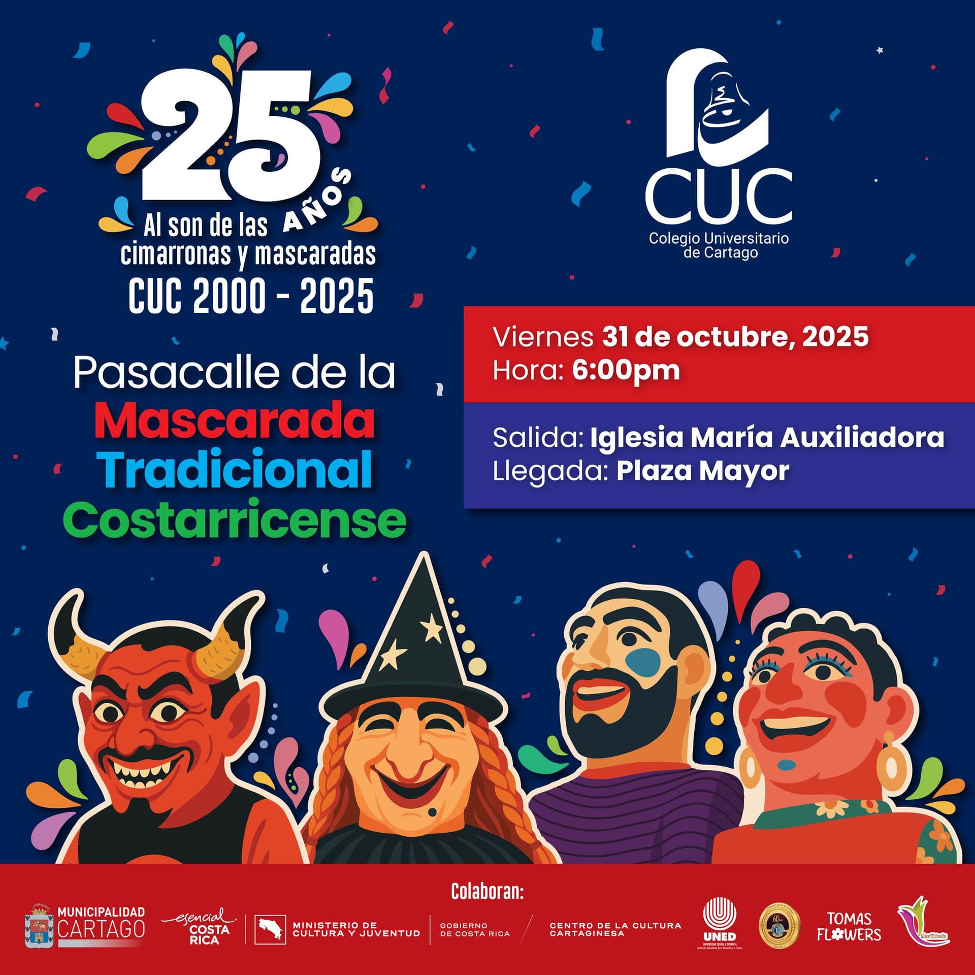 Fondo festivo azul, con personajes de la mascarada, el diablo, la bruja, los gigantes